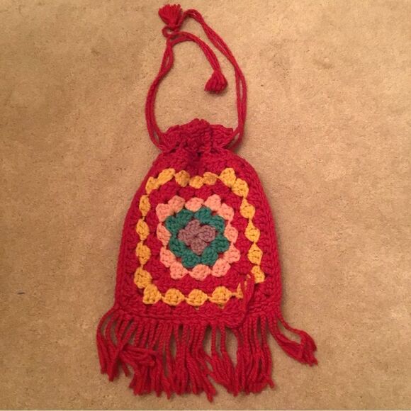 1970's Red Granny Square Handmade Knit Hippie Pouch Handbag - Picture 2 of 4